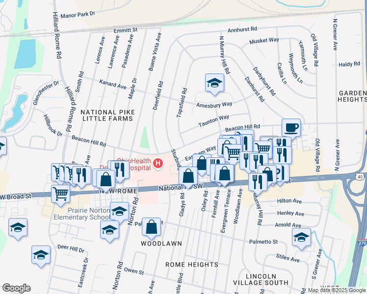 map of restaurants, bars, coffee shops, grocery stores, and more near 5025 Beacon Hill Road in Columbus