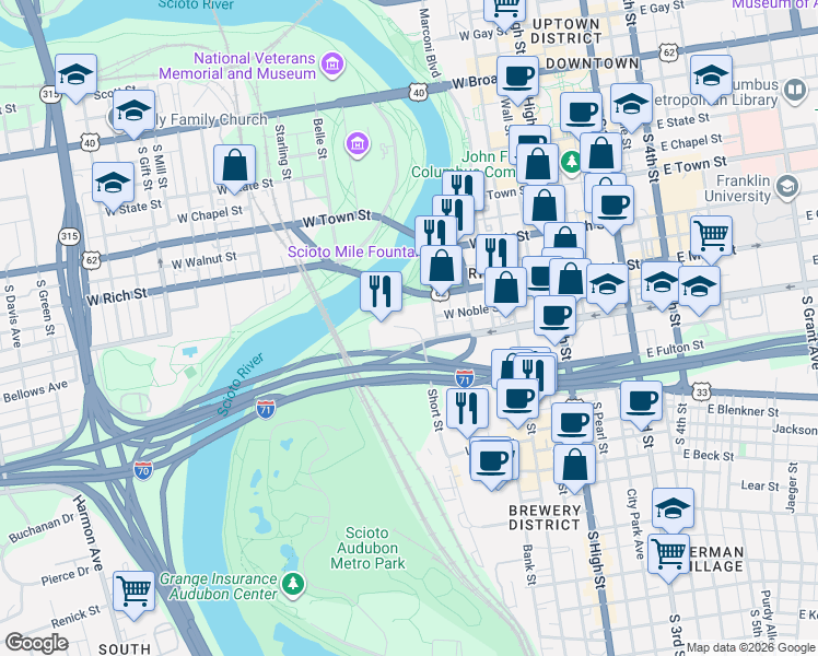 map of restaurants, bars, coffee shops, grocery stores, and more near Miranova Place in Columbus