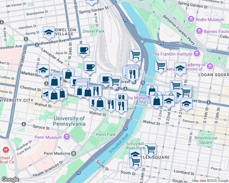 map of restaurants, bars, coffee shops, grocery stores, and more near 3020 Market Street in Philadelphia