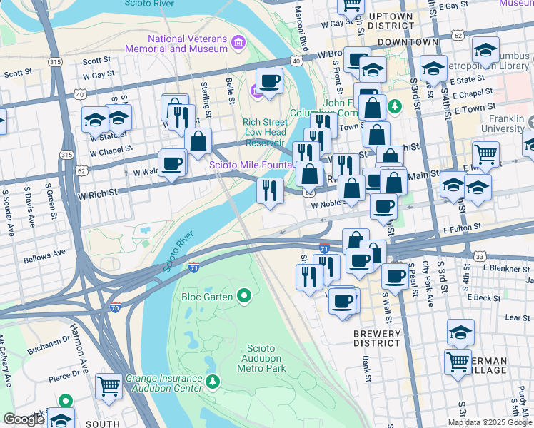 map of restaurants, bars, coffee shops, grocery stores, and more near 2 Miranova Place in Columbus