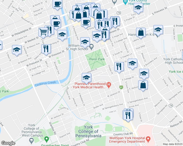 map of restaurants, bars, coffee shops, grocery stores, and more near 164 Lafayette Street in York
