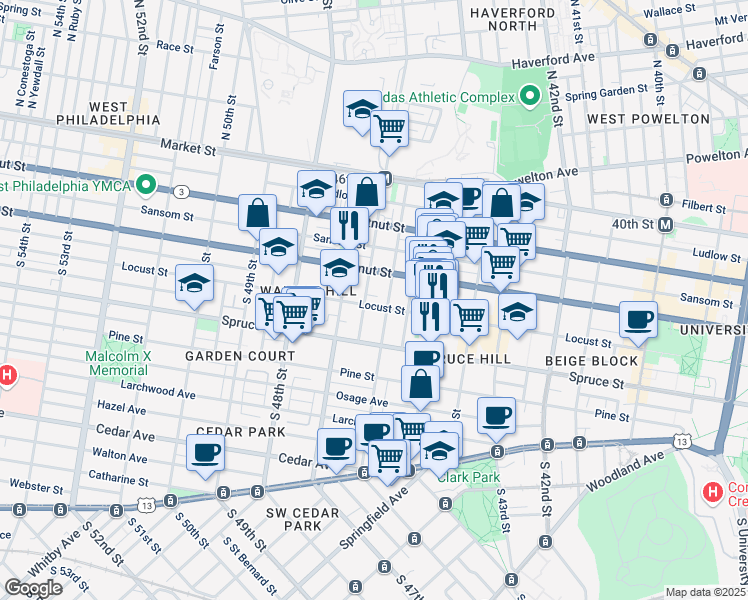 map of restaurants, bars, coffee shops, grocery stores, and more near 4619 Locust Street in Philadelphia