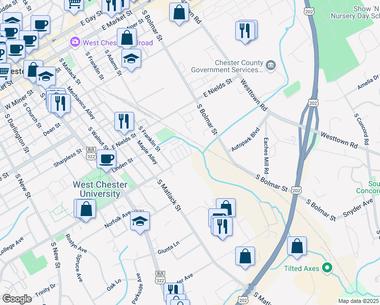 map of restaurants, bars, coffee shops, grocery stores, and more near 727 South Adams Street in West Chester