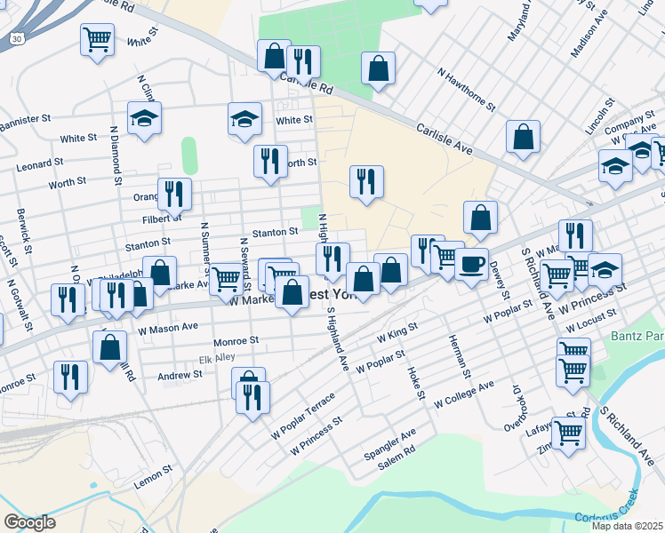 map of restaurants, bars, coffee shops, grocery stores, and more near 11 North Highland Avenue in West York