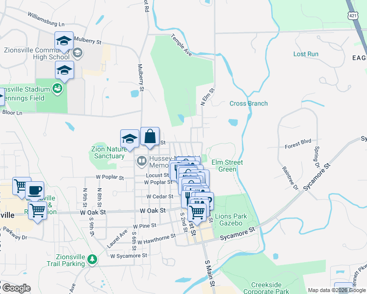 map of restaurants, bars, coffee shops, grocery stores, and more near 230 North Maple Street in Zionsville