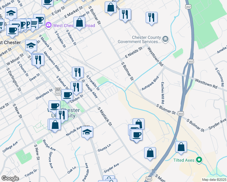 map of restaurants, bars, coffee shops, grocery stores, and more near 716 South Penn Street in West Chester