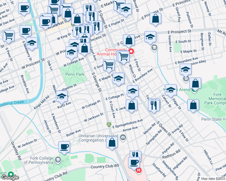 map of restaurants, bars, coffee shops, grocery stores, and more near 618 South Duke Street in York