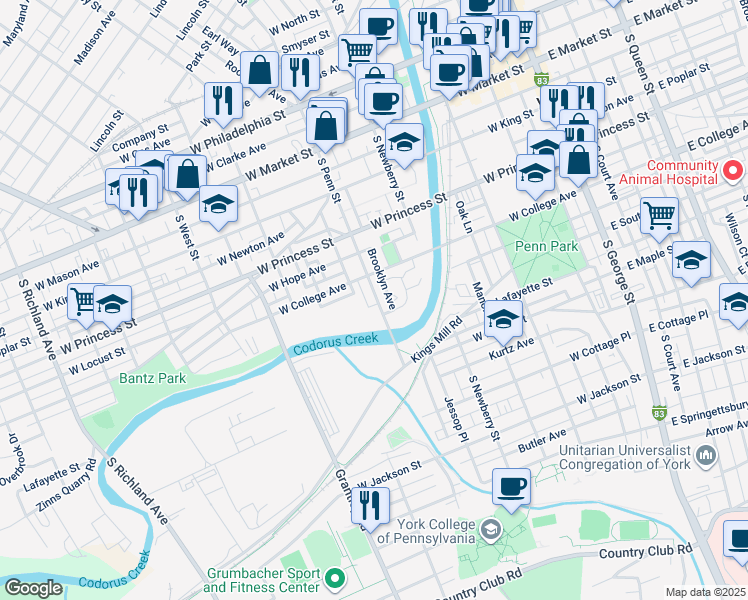 map of restaurants, bars, coffee shops, grocery stores, and more near 336 South Penn Street in York