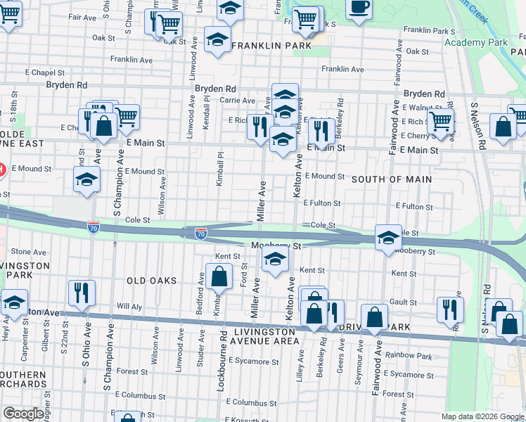 map of restaurants, bars, coffee shops, grocery stores, and more near 596-602 Miller Avenue in Columbus