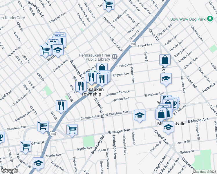 map of restaurants, bars, coffee shops, grocery stores, and more near 5525 Cedar Avenue in Pennsauken Township