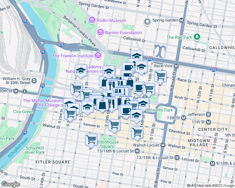 map of restaurants, bars, coffee shops, grocery stores, and more near 1835 Market Street in Philadelphia