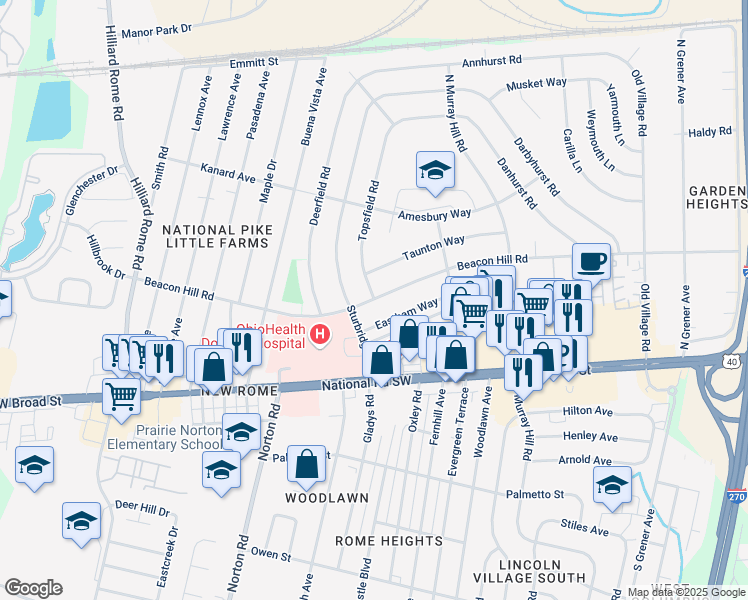 map of restaurants, bars, coffee shops, grocery stores, and more near 5021 Beacon Hill Road in Columbus