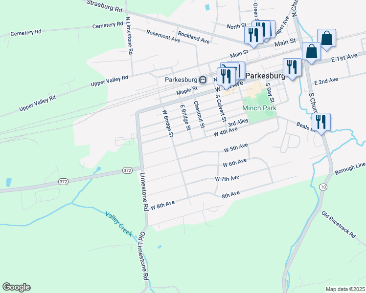 map of restaurants, bars, coffee shops, grocery stores, and more near 708 West 4th Avenue in Parkesburg