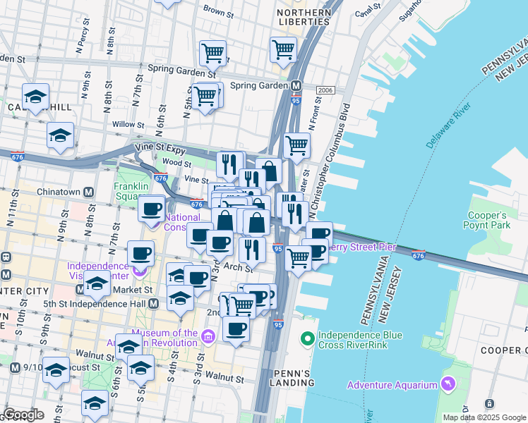 map of restaurants, bars, coffee shops, grocery stores, and more near 231-35 North 2nd Street in Philadelphia