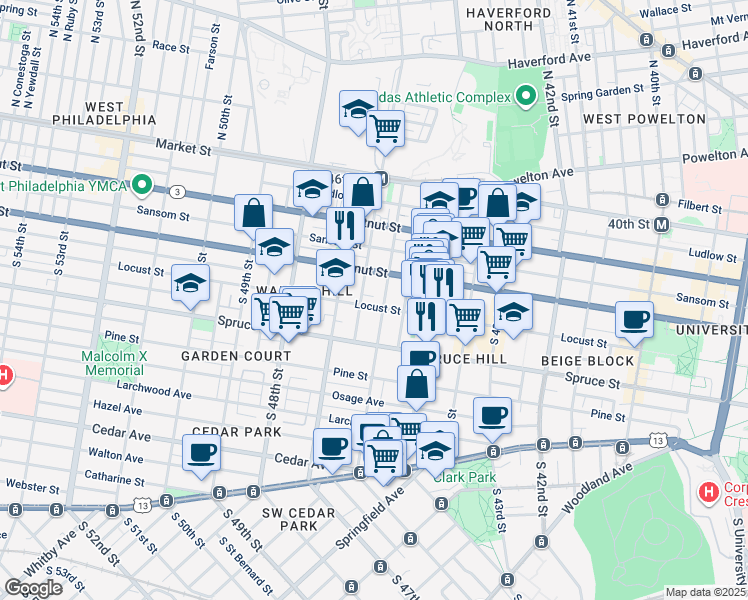 map of restaurants, bars, coffee shops, grocery stores, and more near 4615 Locust Street in Philadelphia