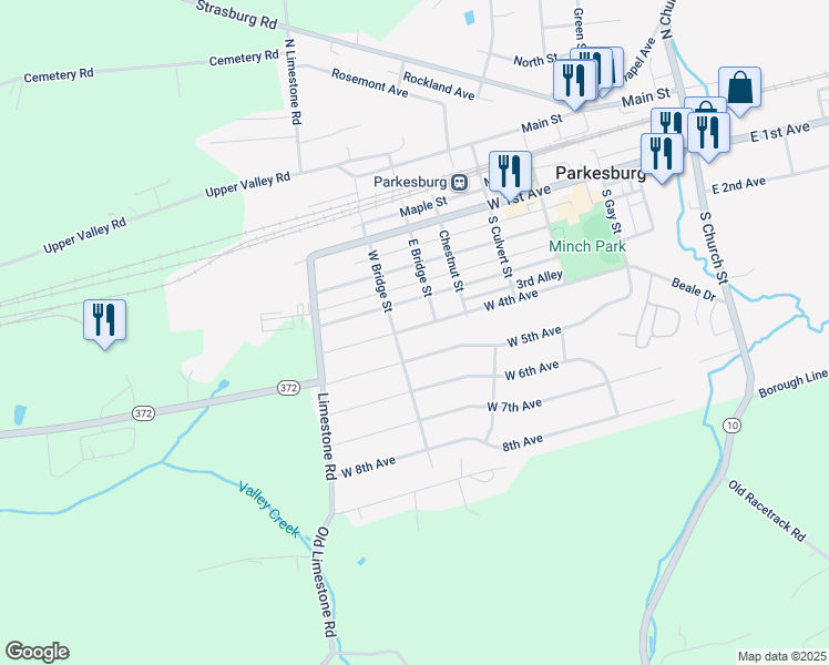 map of restaurants, bars, coffee shops, grocery stores, and more near 708 West 4th Avenue in Parkesburg