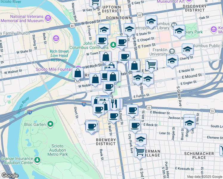 map of restaurants, bars, coffee shops, grocery stores, and more near 360 South High Street in Columbus