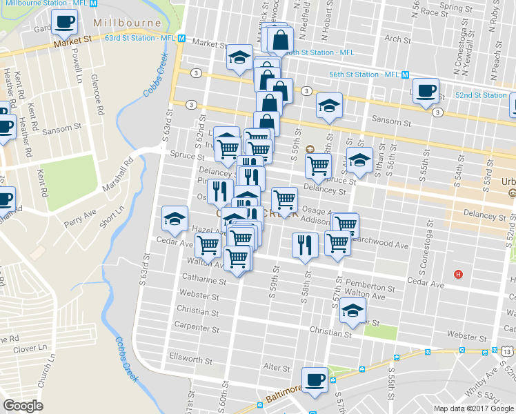 map of restaurants, bars, coffee shops, grocery stores, and more near 433 South 60th Street in Philadelphia