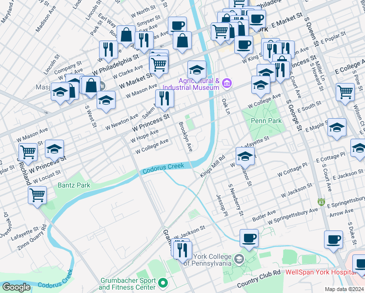 map of restaurants, bars, coffee shops, grocery stores, and more near 336 South Penn Street in York