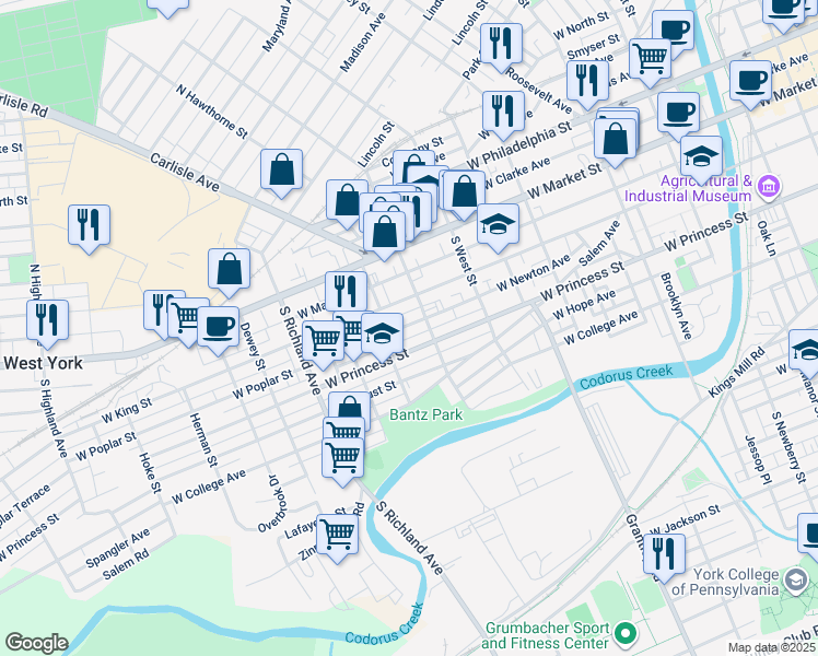 map of restaurants, bars, coffee shops, grocery stores, and more near 724 West Poplar Street in York