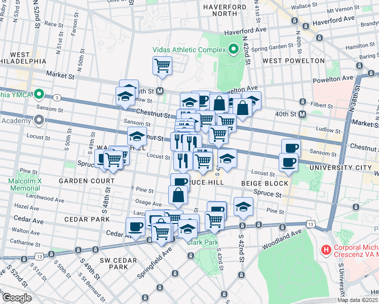 map of restaurants, bars, coffee shops, grocery stores, and more near 4426 Locust Street in Philadelphia