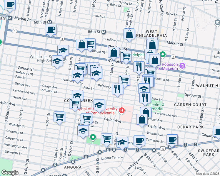 map of restaurants, bars, coffee shops, grocery stores, and more near 5500 Pine Street in Philadelphia