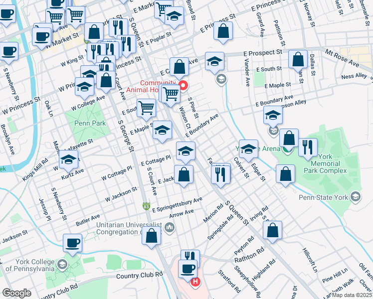 map of restaurants, bars, coffee shops, grocery stores, and more near 640 South Queen Street in York