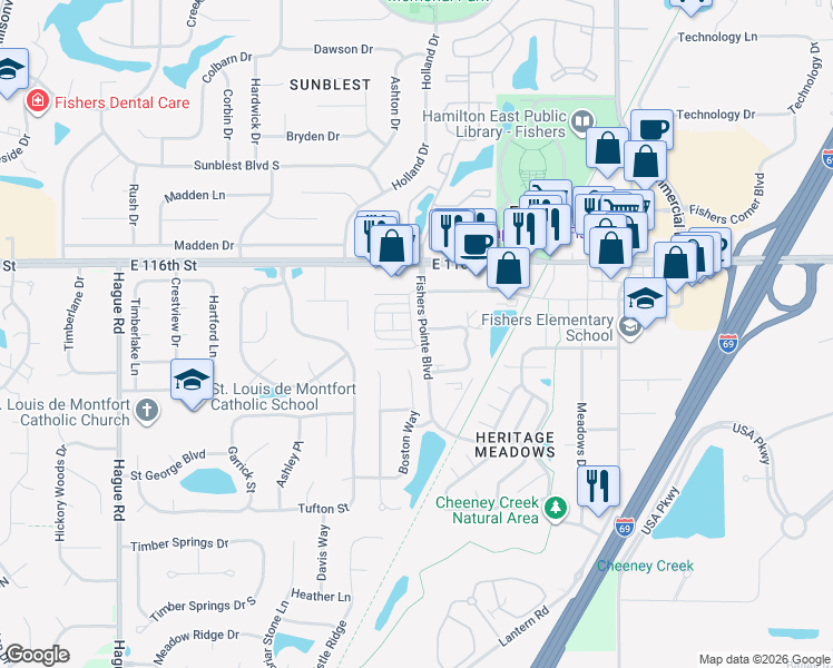 map of restaurants, bars, coffee shops, grocery stores, and more near 11461 Reagan Drive in Fishers