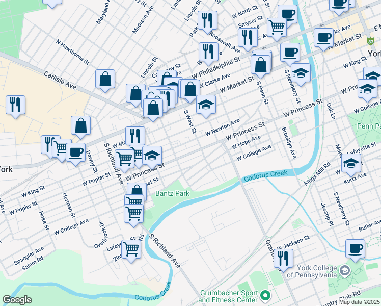 map of restaurants, bars, coffee shops, grocery stores, and more near 620 West Princess Street in York