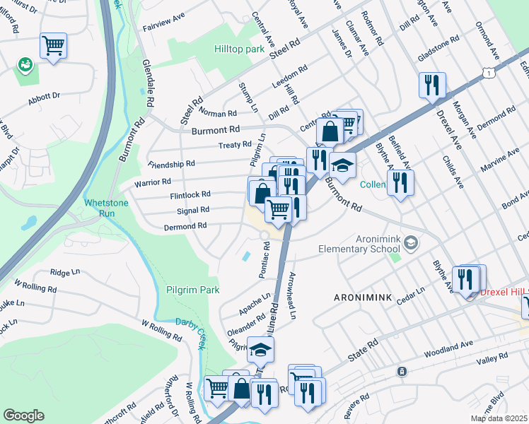 map of restaurants, bars, coffee shops, grocery stores, and more near 1062 Pontiac Road in Drexel Hill