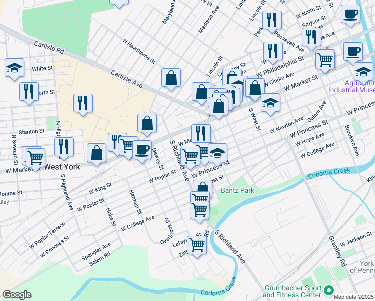 map of restaurants, bars, coffee shops, grocery stores, and more near 931 West King Street in York
