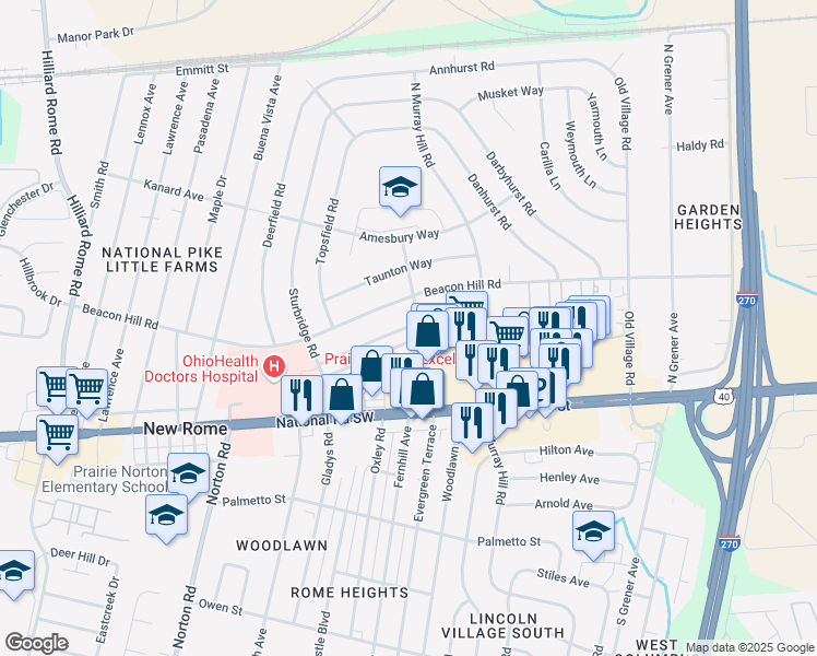 map of restaurants, bars, coffee shops, grocery stores, and more near 4918 Eastham Way in Columbus