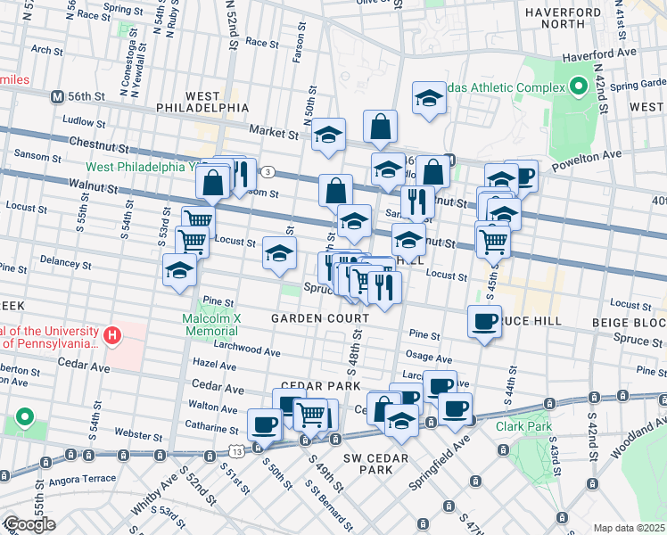 map of restaurants, bars, coffee shops, grocery stores, and more near 241 South 49th Street in Philadelphia