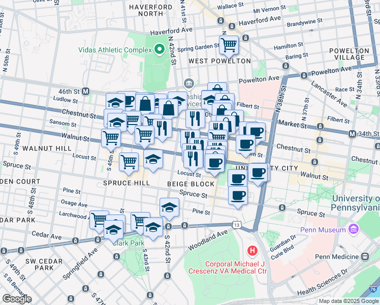 map of restaurants, bars, coffee shops, grocery stores, and more near 4101 Walnut Street in Philadelphia