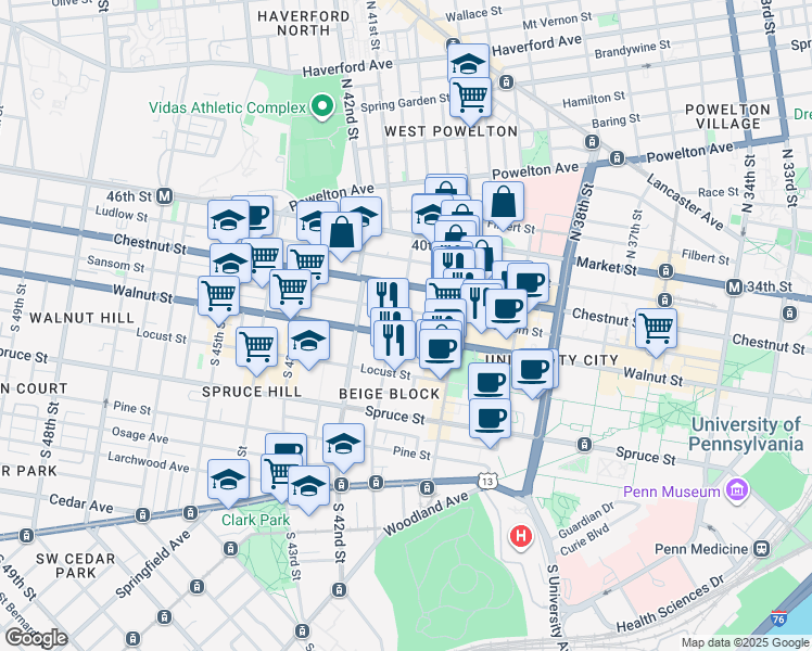 map of restaurants, bars, coffee shops, grocery stores, and more near 4039 Walnut Street in Philadelphia