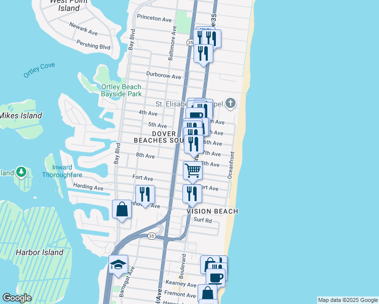 map of restaurants, bars, coffee shops, grocery stores, and more near 1830 Grand Central Avenue in Seaside Heights