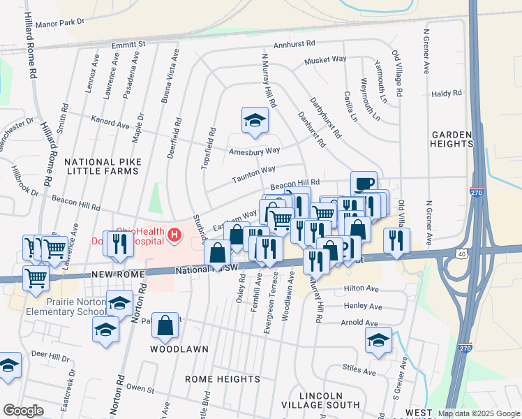 map of restaurants, bars, coffee shops, grocery stores, and more near 4916 Eastham Way in Columbus