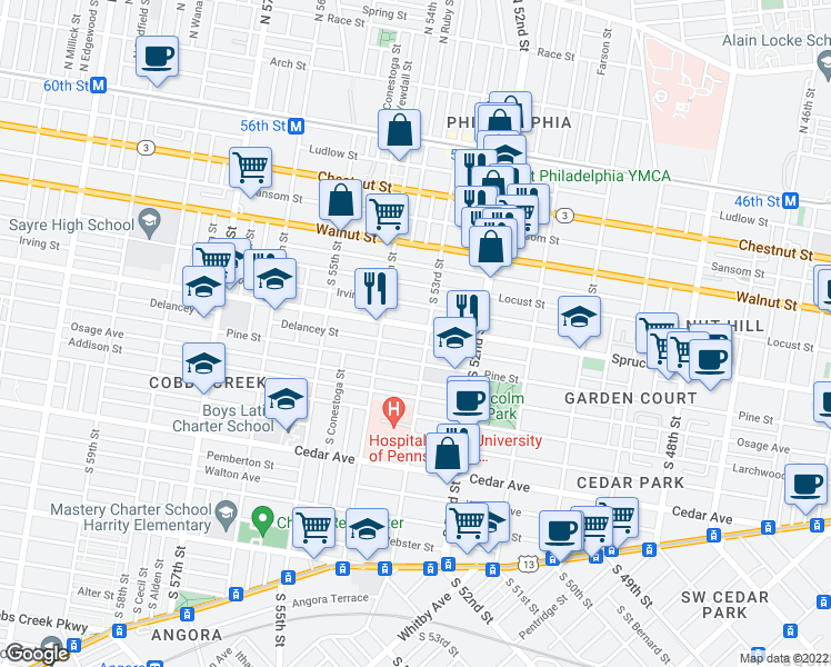 map of restaurants, bars, coffee shops, grocery stores, and more near 5310 Spruce Street in Philadelphia