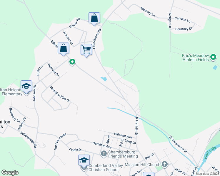 map of restaurants, bars, coffee shops, grocery stores, and more near 1039 Edenville Road in Chambersburg