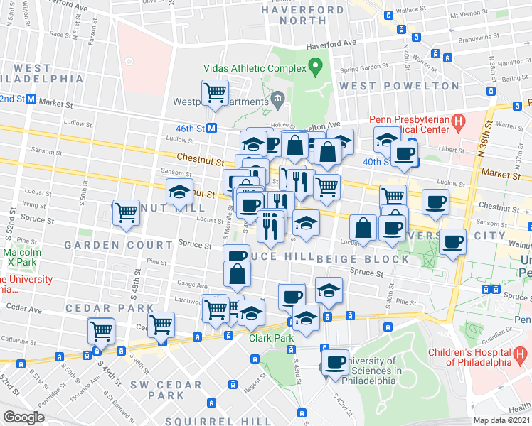 map of restaurants, bars, coffee shops, grocery stores, and more near 215 Buckingham Place in Philadelphia