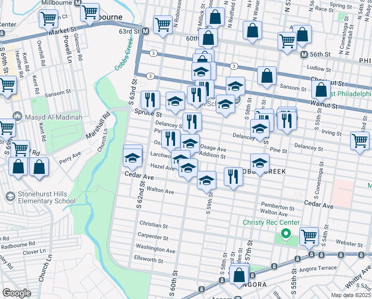 map of restaurants, bars, coffee shops, grocery stores, and more near 6020 Osage Avenue in Philadelphia