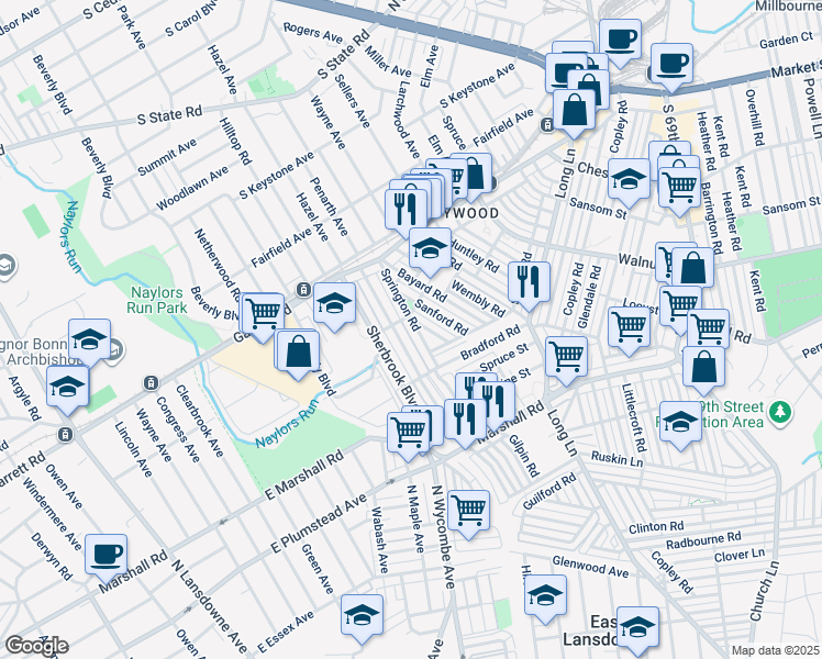 map of restaurants, bars, coffee shops, grocery stores, and more near 258 Springton Road in Upper Darby