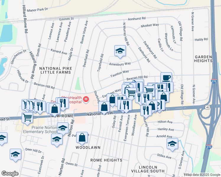 map of restaurants, bars, coffee shops, grocery stores, and more near 4973 Beacon Hill Road in Columbus