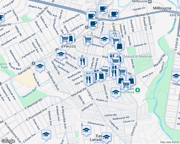 map of restaurants, bars, coffee shops, grocery stores, and more near Locust Street in Upper Darby