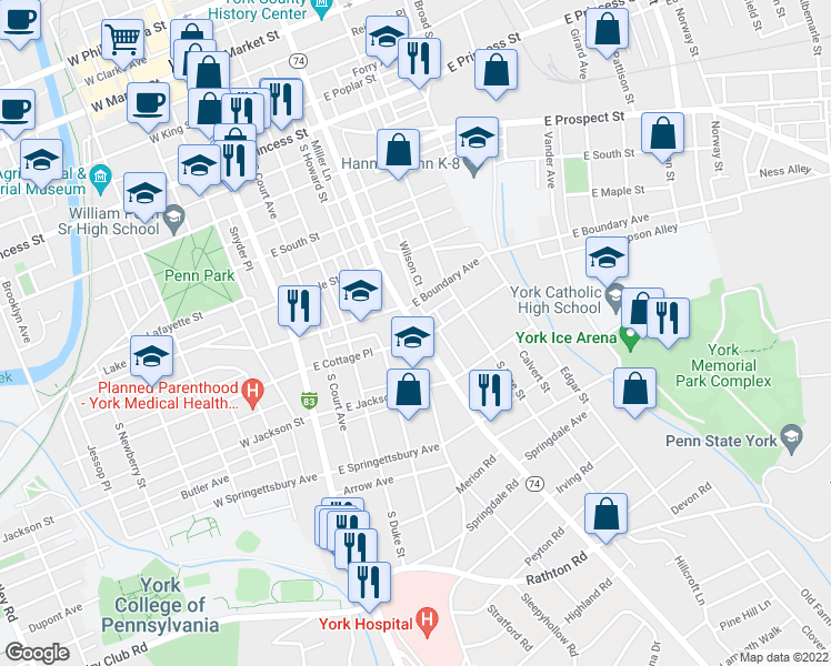 map of restaurants, bars, coffee shops, grocery stores, and more near 638 South Queen Street in York