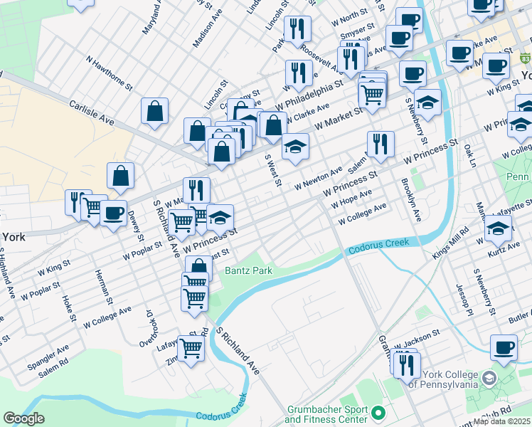 map of restaurants, bars, coffee shops, grocery stores, and more near 643 West Princess Street in York
