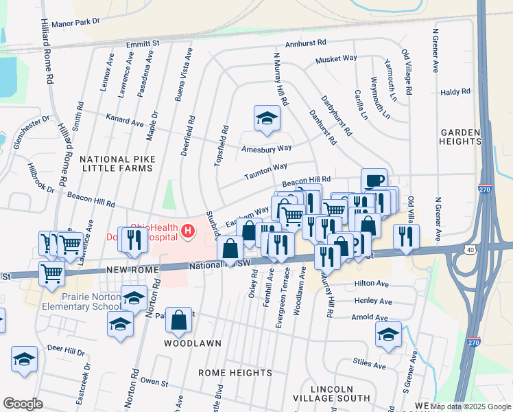 map of restaurants, bars, coffee shops, grocery stores, and more near 4950 Eastham Way in Columbus
