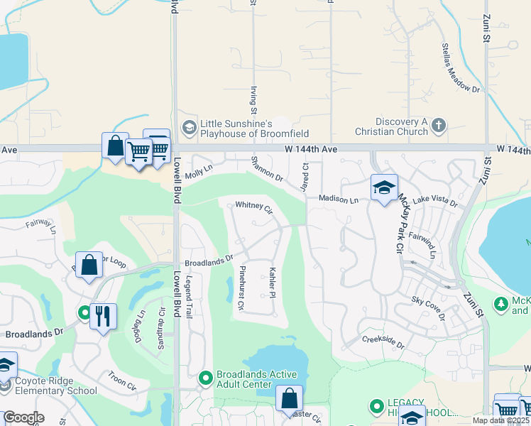 map of restaurants, bars, coffee shops, grocery stores, and more near 14193 Whitney Circle in Broomfield