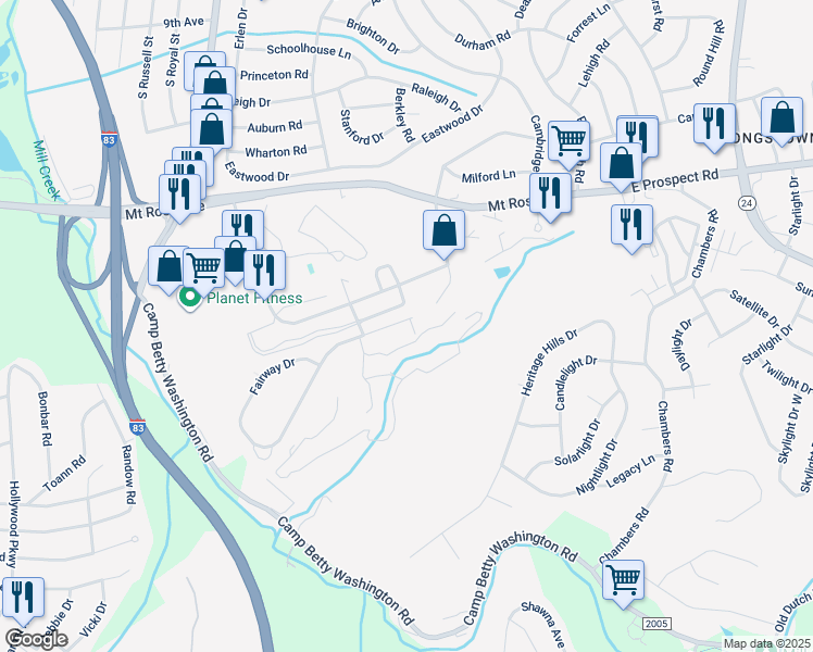 map of restaurants, bars, coffee shops, grocery stores, and more near 2764 Fairway Drive in East York