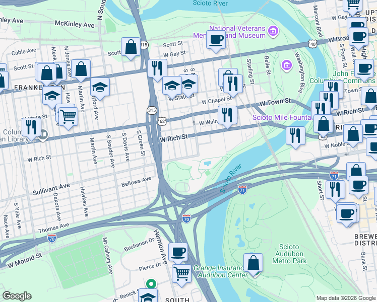 map of restaurants, bars, coffee shops, grocery stores, and more near 286 South Grubb Street in Columbus
